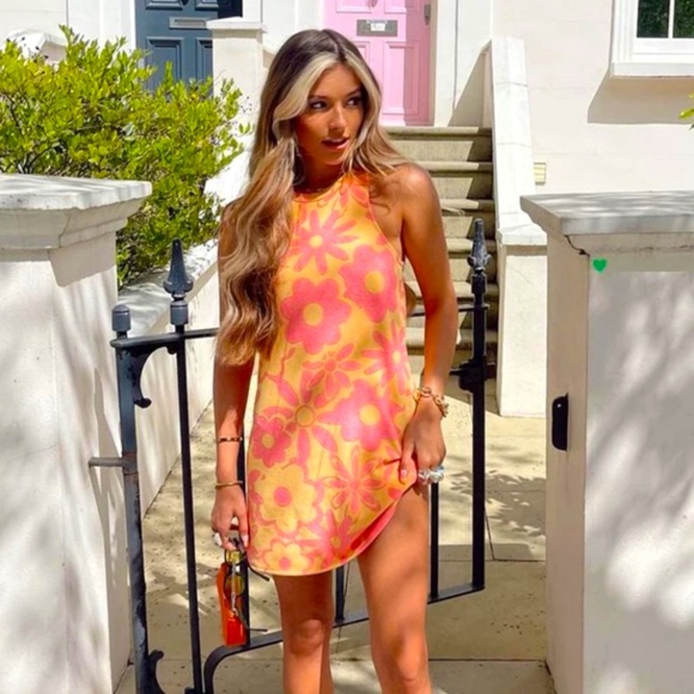 Zara Jacquard Terrycloth Mini Floral Dress - Orange and Pink - Size S